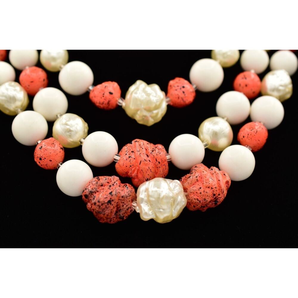 Japan Vintage Beaded Necklace Orange White Pearl Layered Chunky Signed 60s Bin7B